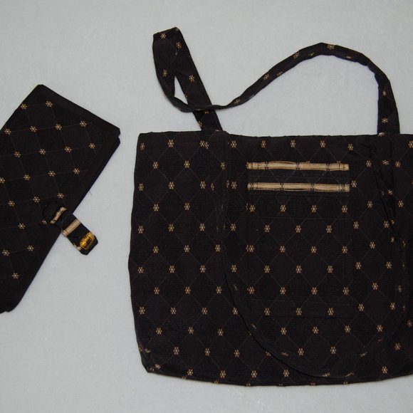 NEW Handmade Bag with Wallet, Size M, Navy Black with Tan Flower Pattern - Picture 3 of 11